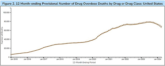 The graph above shows the number of Americans who die from synthetic drug overdoses each week. These are deaths due to fentanyl. After years of rising, deaths across the country have finally reached a plateau