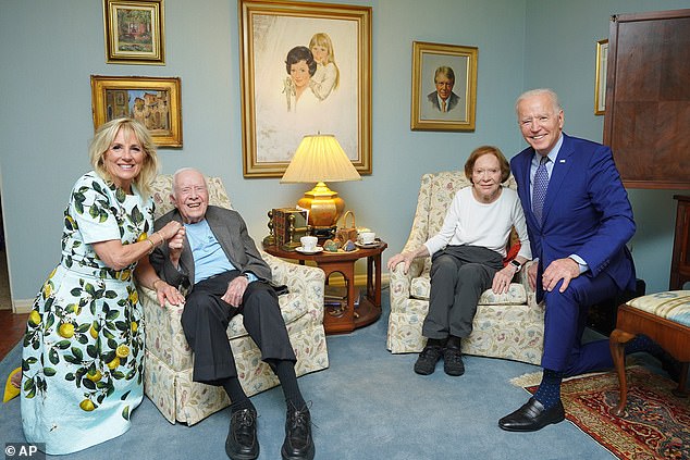 Jill Biden, Jimmy Carter, Rosalynn Carter and Joe Biden together at the Carters' home in Plains, Georgia, in April 2021