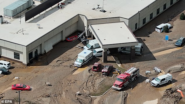 Flood damage caused by Hurricane Helene can be seen here Saturday at a hospital in Erwin