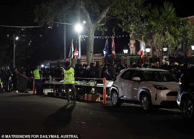 Australian, indigenous, Lebanese and Palestinian flags flew outside the mosque as hundreds of people turned out (pictured) for the second of a three-day vigil for Nasrallah