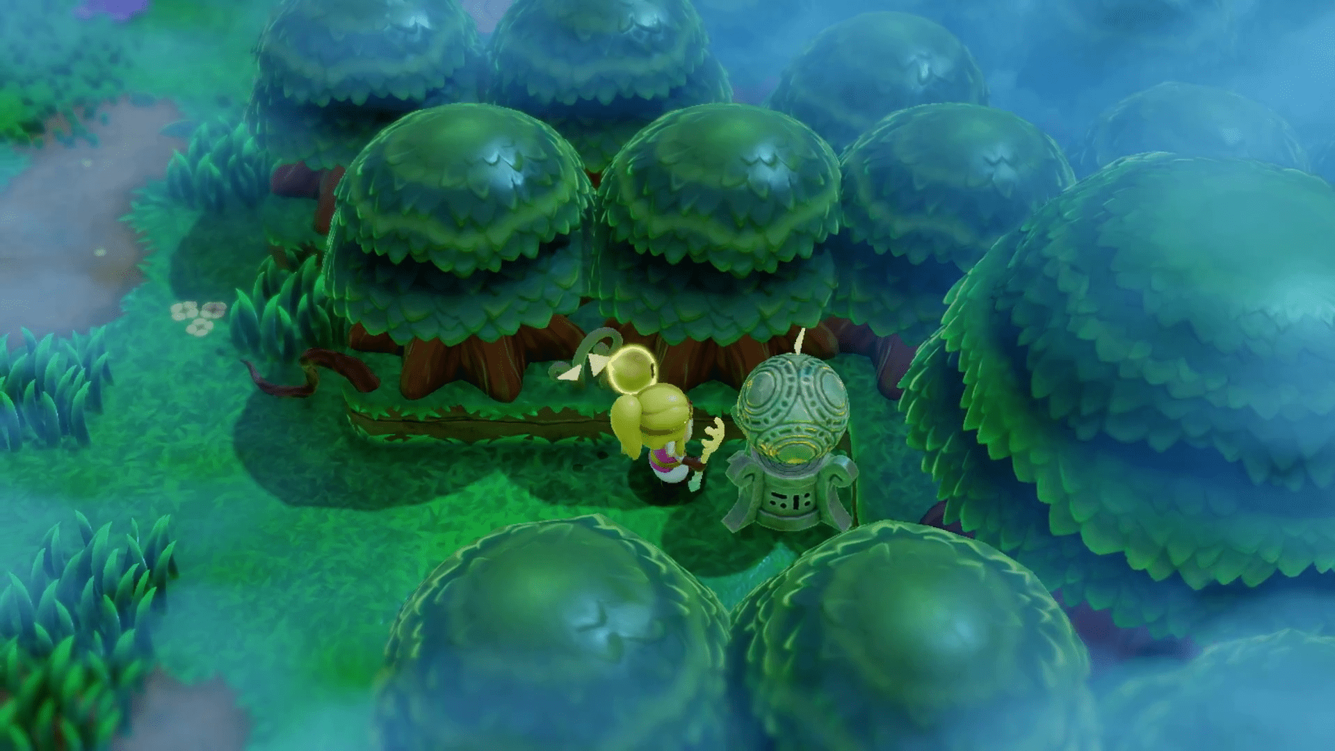 Zelda places an orb on a pedestal surrounded by trees in Echoes of Wisdom.