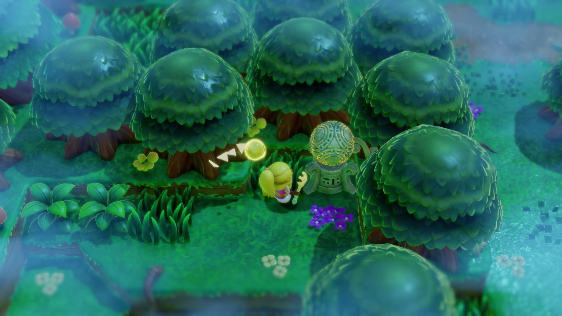 Zelda places an orb on a pillar cornered by some trees in Echoes of Wisdom.