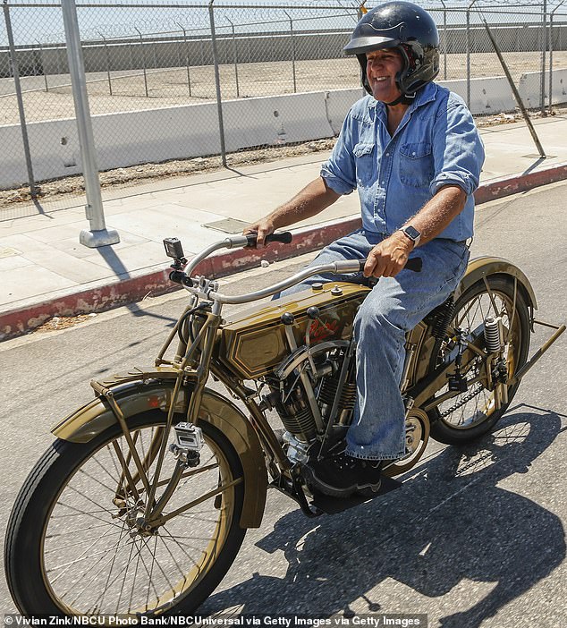 Jay is pictured in a still from his show Jay Leno's Garage, which was officially canceled shortly after his motorcycle accident just weeks after the gas fire