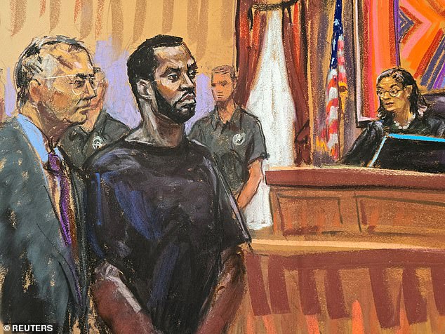 The disgraced hip-hop mogul is making a third attempt at bail after two previous denials - two weeks after he was arrested on sex trafficking charges; seen in a courtroom sketch