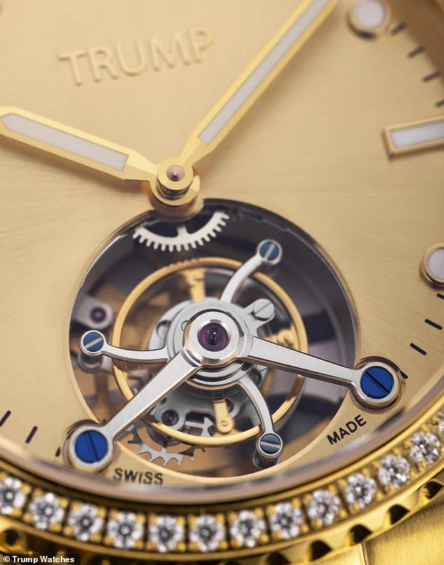 As advertised on its Trump Watches website, the special 'Victory Tourbillon' timepiece is made 'almost entirely' from 18k gold and decorated with 122 VS1 diamonds