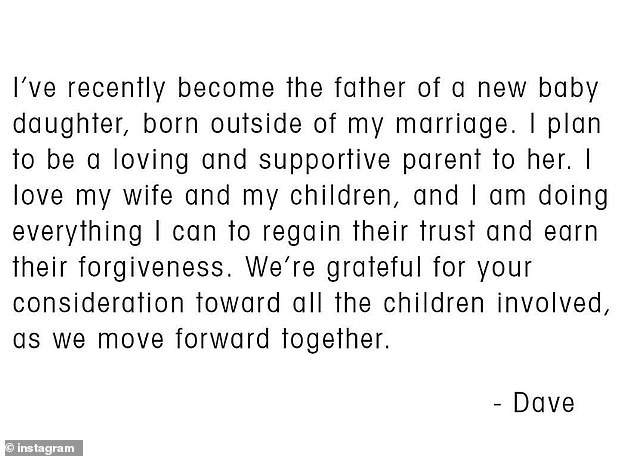 The musician announced in a statement on social media on September 10 that he had welcomed a daughter as he vowed to try to 'get back'. [the] trust' of his wife and their three daughters