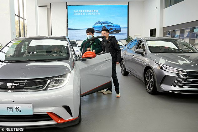 BYD electric vehicles (EV) are on display at a car dealership in Shanghai, China, February 3, 2023