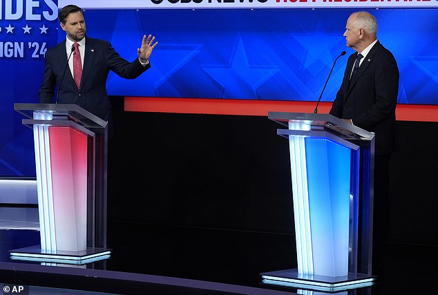 The moment came during the high-stakes vice presidential debate between Senator J.D. Vance (left) and Governor Tim Walz (right).