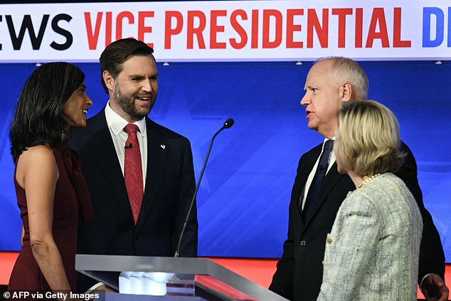 Usha Vance and Gwen Walz join their spouses on stage after the vice presidential debate