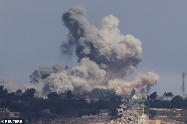 Smoke rises after an Israeli Air Force airstrike on a village in southern Lebanon, amid cross-border hostilities between Hezbollah and Israel, seen from Jish, northern Israel, October 2