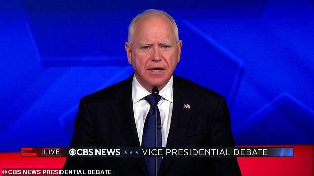 Democratic vice presidential candidate Minnesota Governor Tim Walz speaks during a debate with Republican vice presidential candidate U.S. Senator J.D. Vance