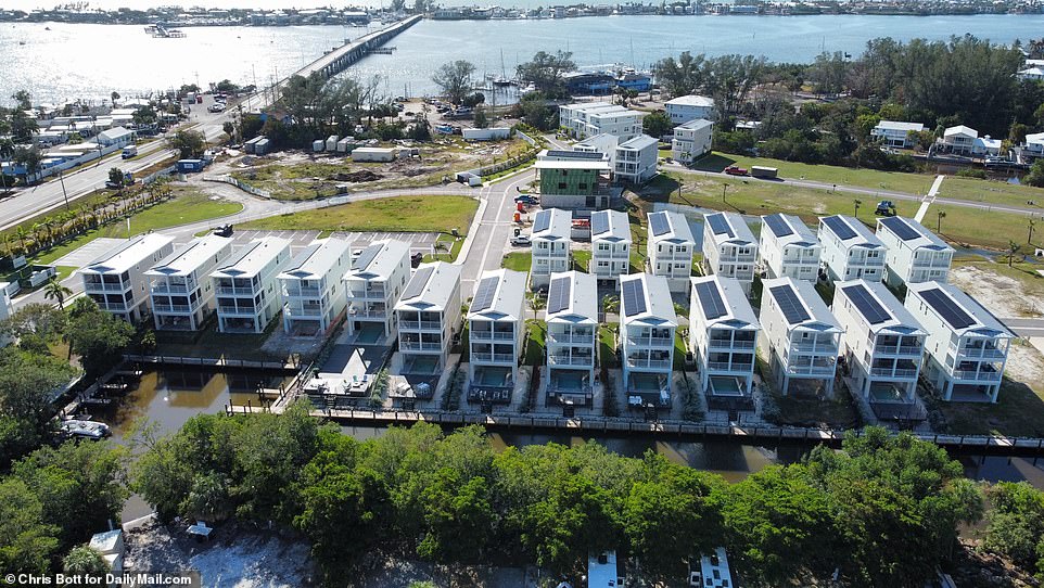 An aerial view of the storm-proof Hunters Point neighborhood in Cortez, Florida