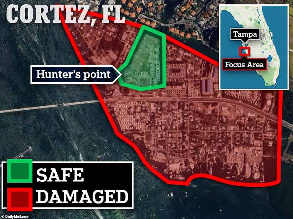 A map shows which areas of Cortez, Florida were flooded (red) and which areas were spared (green). Hunters Point was safe from flooding and power outages