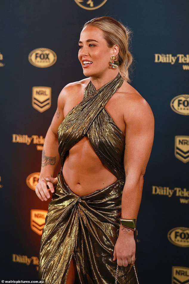 The NRLW player swapped her usual sweater for the fleshless dress that wouldn't have looked out of place at a toga party