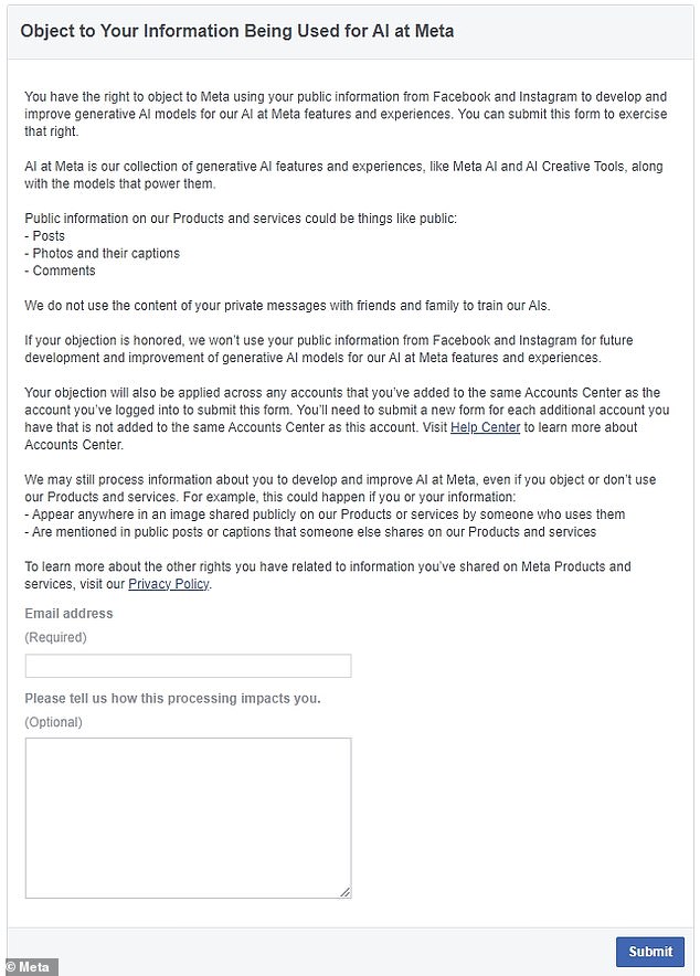 You will need to complete a form telling Meta why you object to your posts being used in this way - although your objection may not be approved