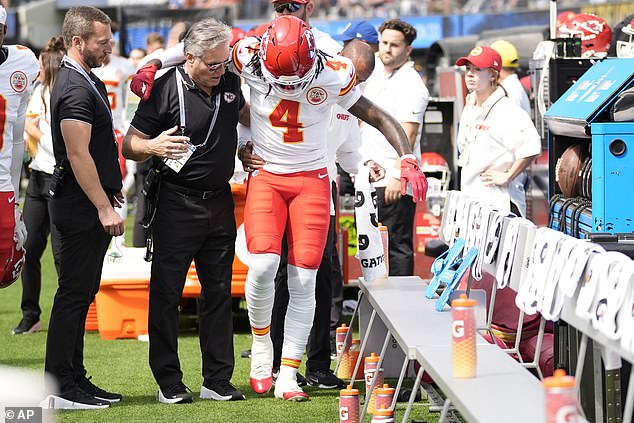 Chiefs receiver Rashee Rice was carted off the field after colliding with Patrick Mahomes