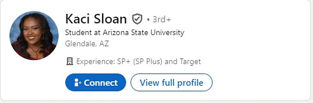 Sloan's LinkedIn profile states that ASU gave her a $5,000 New American University Dean's Award scholarship and that she was studying for a BBA in business administration