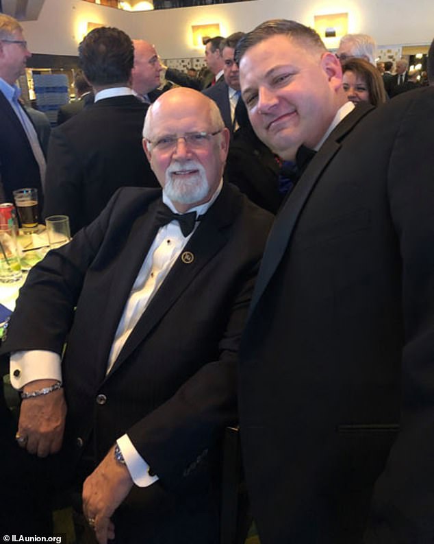 Wealthy union boss Harold Daggett, 78, wears a tuxedo at a holiday event with his son John in 2019