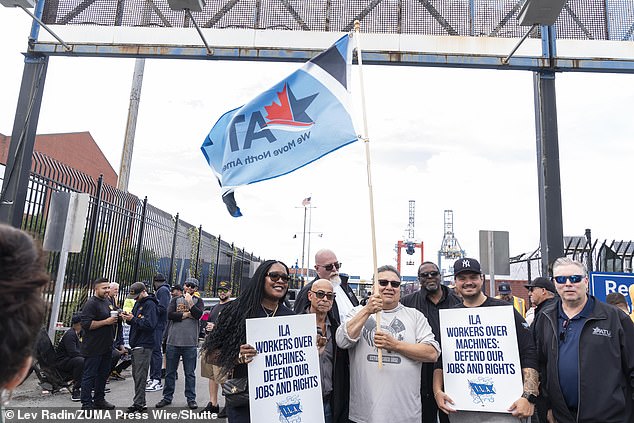 Workers seen at the longshoremen picket line at the Red Hook Terminal in Brooklyn, New York on October 1, 2024, seeking higher wages and limits on automation