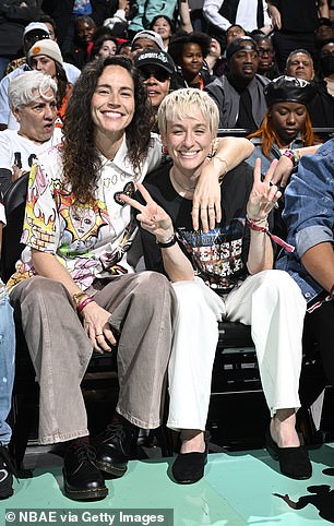 Sue Bird and Megan Rapinoe sit courtside during the game between the Las Vegas Aces and the New York Liberty during the second round of the 2024 WNBA Playoffs on October 1