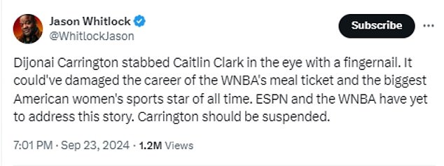 Jason Whitlock claimed that 'Dijonai Carrington stabbed Caitlin Clark in the eye with a fingernail'