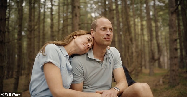 A body language expert said: '[Kate's] A cuddle with William on a blanket in a forest sees Kate curled up into her husband in a pose of total trust and adoration.