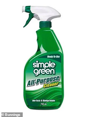 To rid surfaces of unwanted dirt and particles, she uses the Simple Green All-Purpose Cleaner ($7.49, photo)