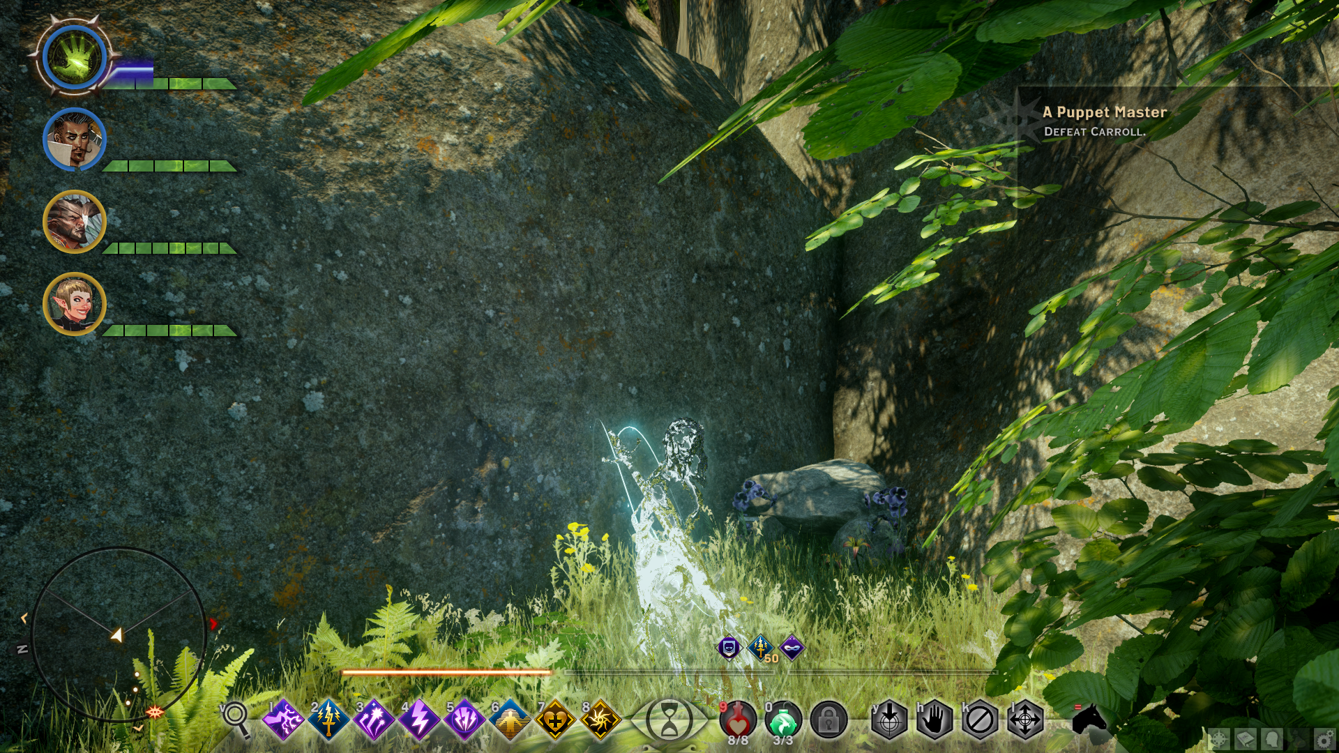 A small rock formation in a lush green forest landscape in Dragon Age: Inquisition