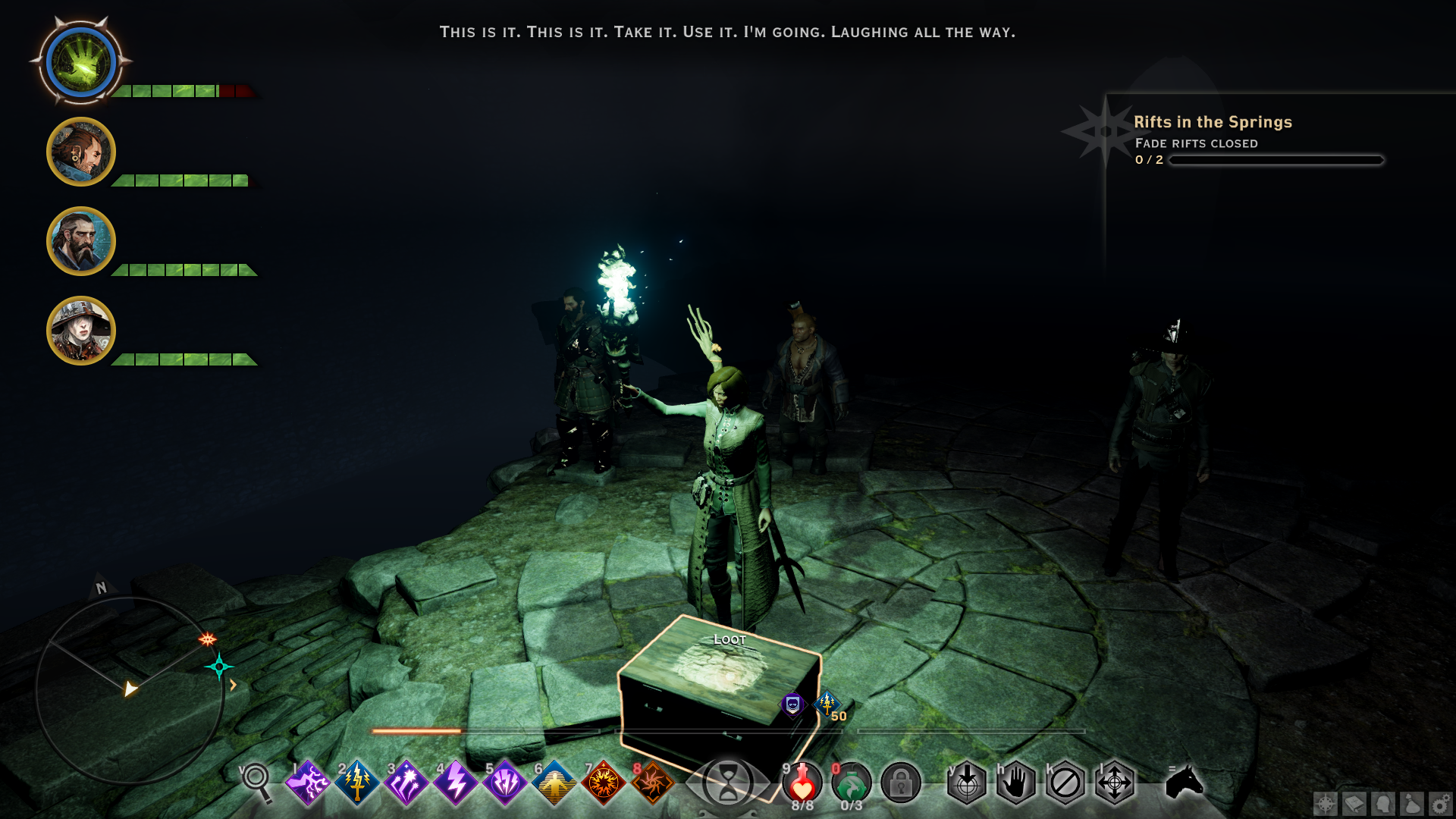 A character in Dragon Age: Inquisition holding a green torch and opening a strange chest.