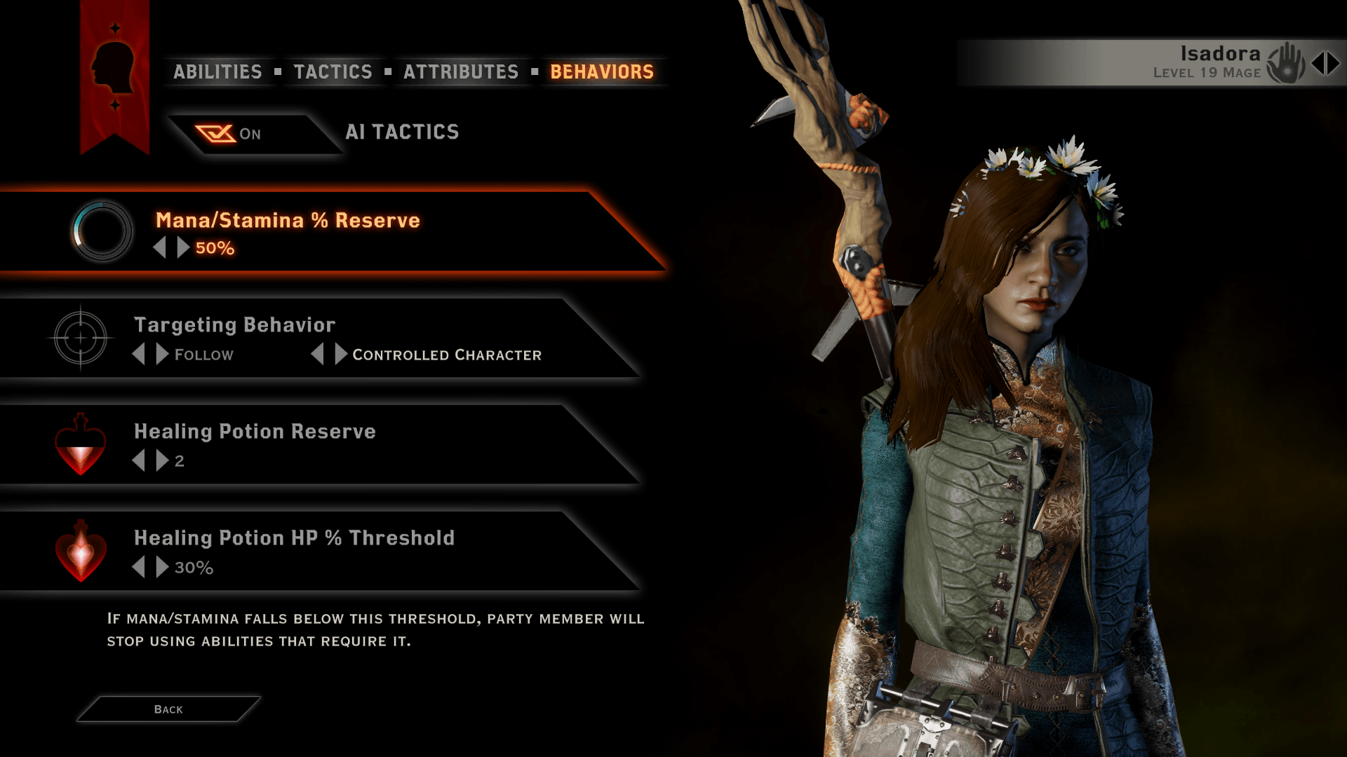 A character in a Dragon Age: Inquisition menu, wearing a helmet with a flower crown