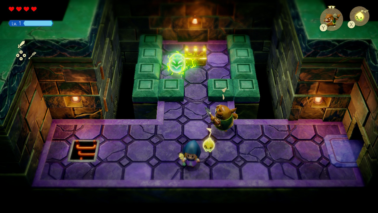 Zelda stands next to a spear moblin attacking a spark in the Eastern Temple in Echoes of Wisdom