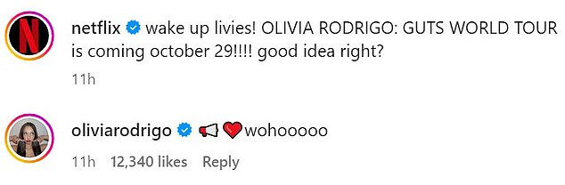 Olivia Rodrigo responds on Instagram to the announcement of her concert film.