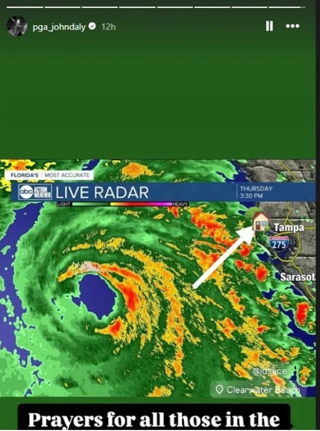 The golfer posted a radar screenshot of the storm as he pointed toward his home near Tampa