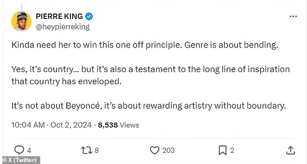 Reaction to Beyoncé's upcoming awards season entry was divided among fans, as some thought the singer had made the best country album of the year.