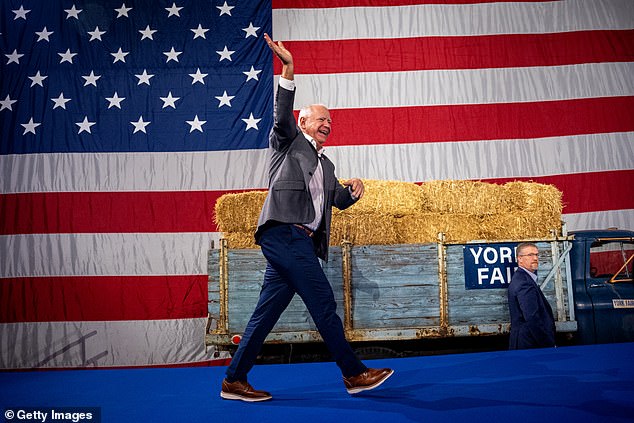 Tim Walz arrives at his rally in York, PA as he makes his way through Central Pennsylvania on a post-debate bus tour