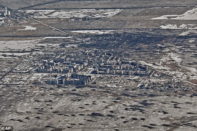 An aerial view of the heavily damaged city of Vuhledar. The massive explosion comes as Russian forces captured the strategic city of Vuhledar in the Donetsk region from the Ukrainians after months of fierce fighting.