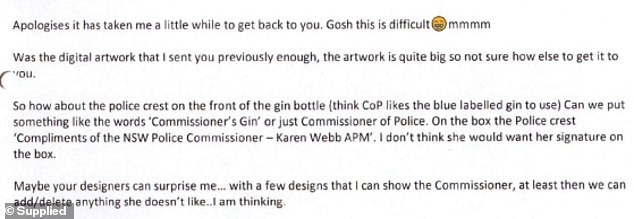 Pictured: An email from a NSW Police officer to a Hope Estate representative discussing the custom gin label