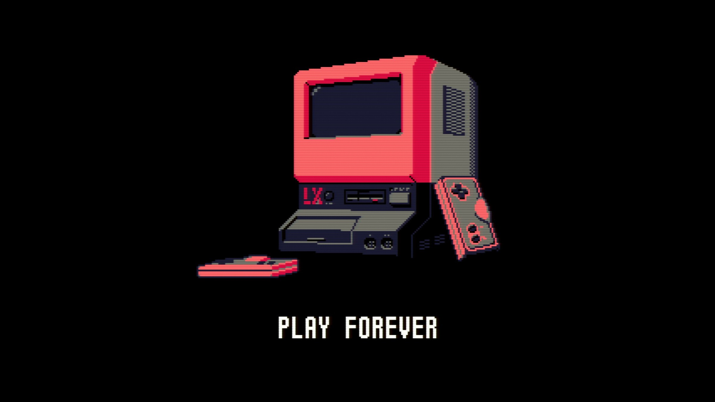 A pixel art image of a cool looking pink and black 80's LX console with its own screen, with the slogan PLAY FOREVER