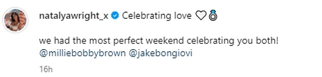 TOWIE star Mark Wright's sister posted a selection of photos of her outfit as she wrote: 'Celebrating love. we had the most perfect weekend celebrating you both! @milliebobbybrown @jakebongiovi'