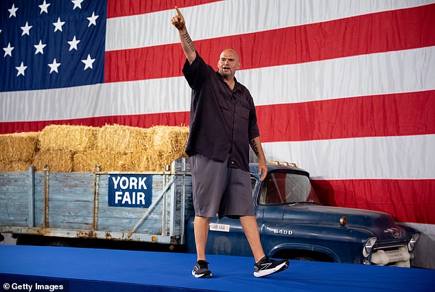 Democratic Senator John Fetterman walks out to speak in York, PA, ahead of Walz. The senator flipped the state Senate seat in 2022 with the motto “Every county, every vote.” The goal was to reduce Republican support in rural areas while increasing the vote in the suburbs and cities. Harris and Walz have also moved into ruby-red rural parts of the state