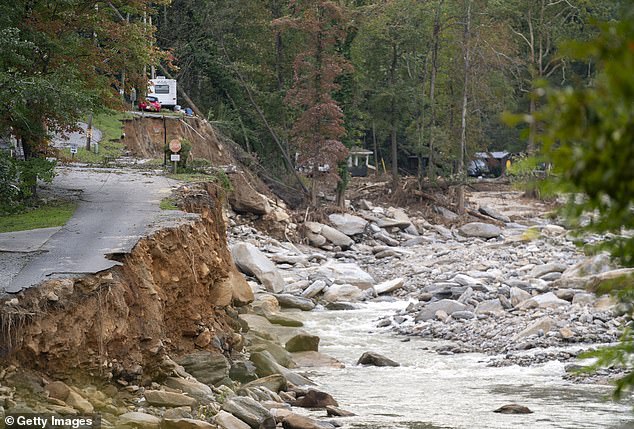 Flood damage is seen in the aftermath of Hurricane Helene on October 2, 2024 in Chimney Rock, North Carolina