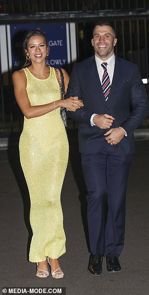 Team captain James Tedesco's wife Maria Glinellis stunned in a sparkling lemon-coloured dress