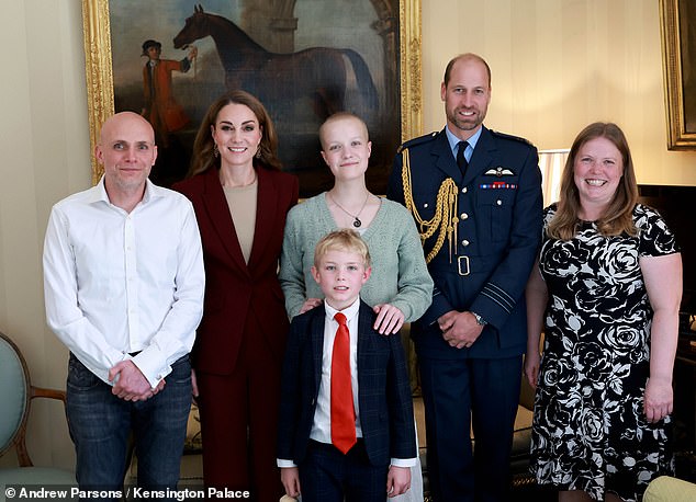 The Prince and Princess of Wales spent time with Liz Hatton (center), who was diagnosed with an extremely rare form of cancer, and her family, including younger brother Matteo, mother Vicky Roboyna and stepfather Aaron.