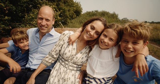 Their children, Prince Louis, six (left), Princess Charlotte, nine, and Prince George, 11, also appeared in the video