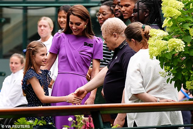 Kate and Princess Charlotte met ground staff on day 14 of the 2024 Wimbledon Championships in London, ahead of Kate presenting the trophy to the winner of the men's final