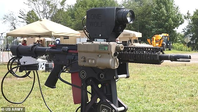 The robot dog is equipped with an AR-15 rifle mounted on an AI-powered rotating platform. Although the military has not named the robot Lone Wolf, the name was etched on the large objective lens