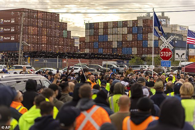 Workers participate in a port strike at Port Newark, Tuesday, October 1, 2024, in Bayonne, NJ