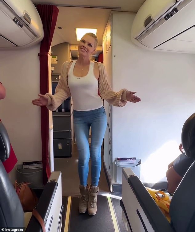 The Love Island host, 44, took to Instagram to share a video of herself guiding passengers through the mandatory pre-flight safety instructions