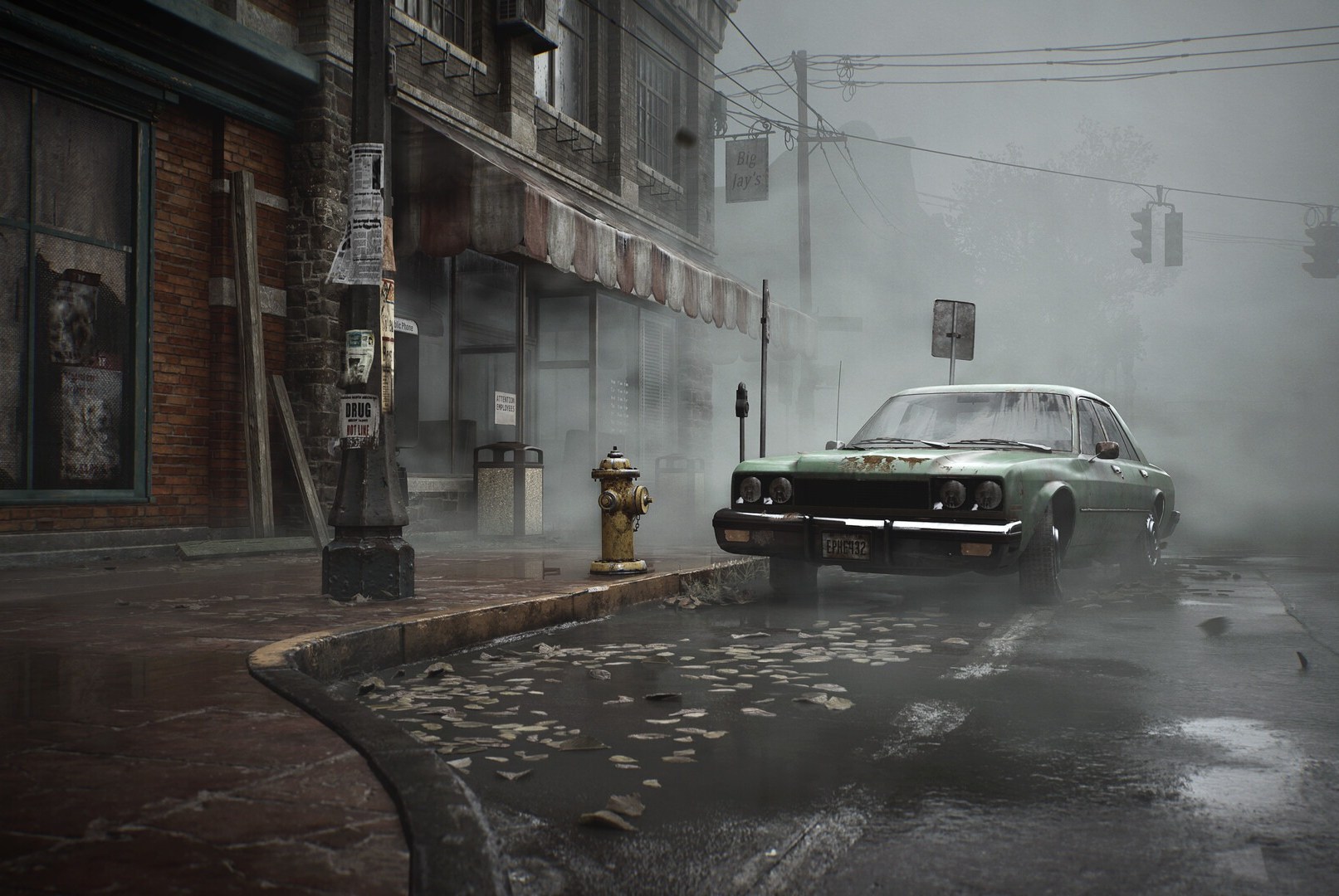 A dingy green car on the streets of Silent Hill in a screenshot from Bloober Team's Silent Hill 2 remake