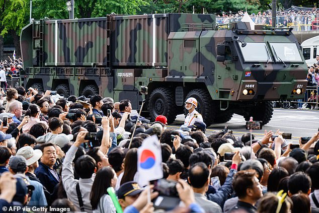 A vehicle carrying South Korea's Hyunmoo ballistic missile is seen during a parade celebrating the 76th Armed Forces Day in Seoul on October 1, 2024